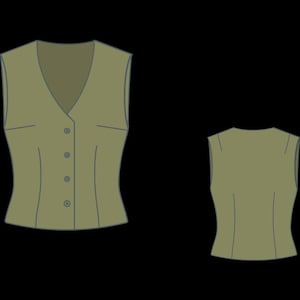 May include: Olive green vest with a V-neck, button closure, and two small pockets. The vest is shown from the front and back views. The design features a tailored fit with subtle contouring lines.