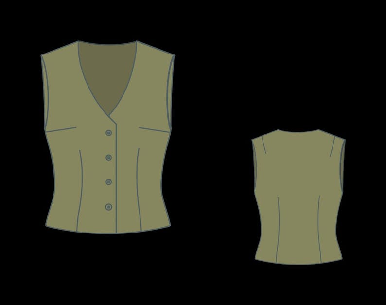 May include: Olive green vest with a V-neck, button closure, and two small pockets. The vest is shown from the front and back views. The design features a tailored fit with subtle contouring lines.