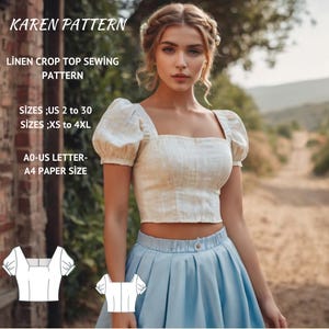 Puede incluir: Un patrón de costura para un top corto de lino con mangas abullonadas. El patrón está disponible en tallas españolas 34 a 52 y XS a 4XL. El patrón está impreso en papel A4 y está disponible en tamaño US Letter.
