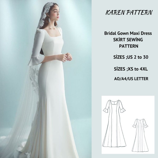 Patrón de costura de vestido maxi de vestido de novia, gama de opciones de tamaño de EE. UU. 2 a 30 y XS a 4XL, formato de papel carta A0-A4-EE.UU. adecuado