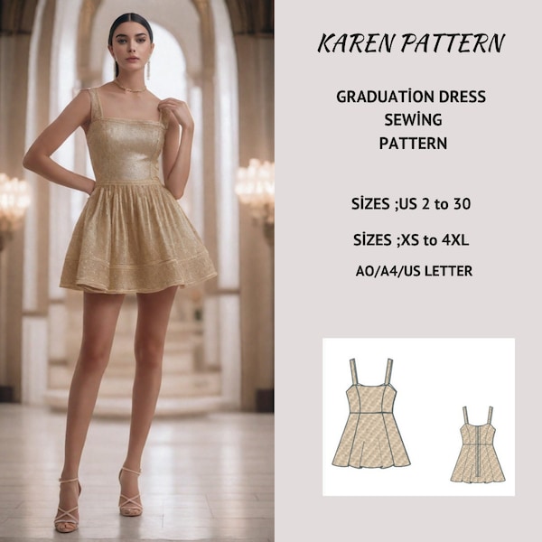 Graduation Mini Dress Sewing Model, Prom Mini Dress Sewing Model, US 2-30 and XS - 4XL size options range, Suitable A0- A4-US Letter