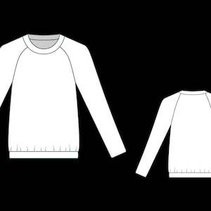 May include: A white long-sleeve sweatshirt featuring a crew neckline and raglan sleeves. The garment is displayed from both the front and back views, showcasing a ribbed hemline and cuffs, with a clean, solid white color throughout the design.