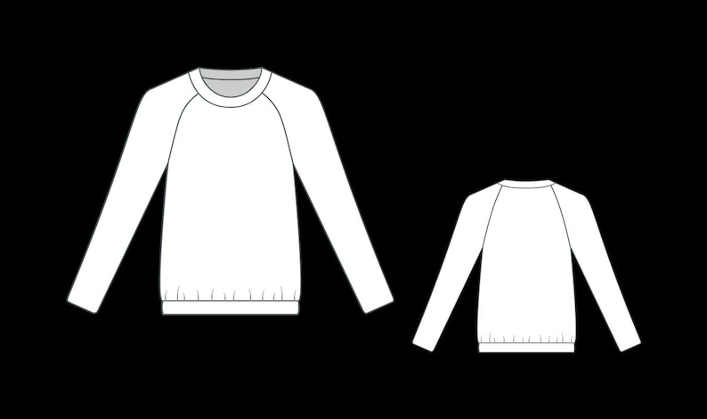 May include: A white long-sleeve sweatshirt featuring a crew neckline and raglan sleeves. The garment is displayed from both the front and back views, showcasing a ribbed hemline and cuffs, with a clean, solid white color throughout the design.