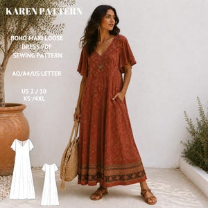 Mönster för bohemisk maxiklänning, kaftan med lös passform, v-ringning, sommarstil (PDF-nedladdning)