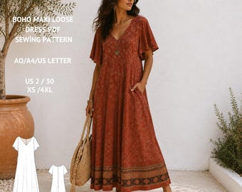 Boho Maxi Dress Sewing Pattern, Loose Fit Caftan, V-Neck, Summer Style (PDF Download)
