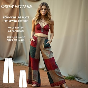 May include: A PDF sewing pattern for wide leg trousers, called "Karen Pattern." The pattern is for sizes US 2 to 30 and XS to 4XL. The pattern is available in A0-US Letter and A4 paper sizes. The image shows a woman wearing the trousers, which are made of a patchwork fabric in shades of red, green, and brown.