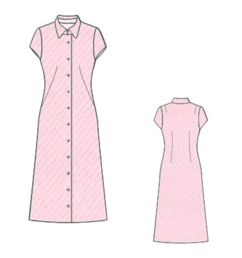 Puede incluir: Un vestido rosa de botones con mangas cortas. El vestido tiene cuello y una silueta recta.