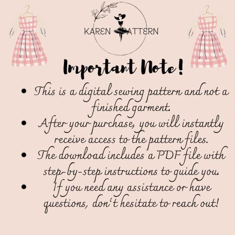 May include: A digital sewing pattern notice from KAREN PATTERN featuring two illustrations of a pink and white gingham dress on hangers. The text states this is a digital sewing pattern, not a finished garment, with instant PDF file access.