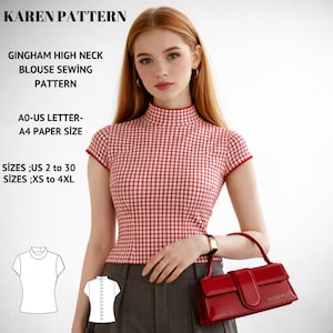 Gingham High Neck Blouse Sewing Pattern, Fitted Top PDF (US Sizes 2-30)