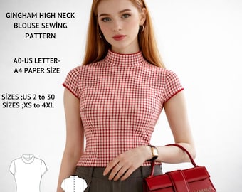 Gingham High Neck Blouse Sewing Pattern, Fitted Top PDF (US Sizes 2-30)