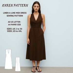Linen A-Line Midi Dress,PDF Sewing Pattern,Midi Dress,Sleeveless Dress,V Neck Sewing Dress,XS-4XL,A4-AO Us Letter