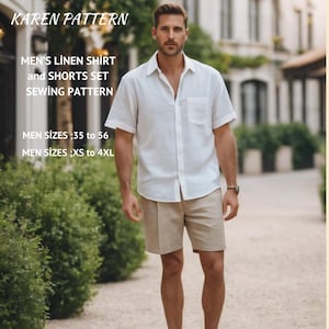 Patrón de conjunto de camisa y pantalones cortos de lino para hombre, pantalones cortos de lino para hombre, camisa de verano para hombre, patrón de costura, talla de hombre: 36 a 56/XS a 4 XL/A0-A4-Letter
