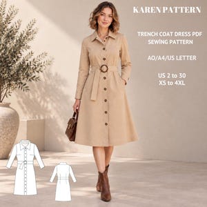 Könnte beinhalten: Ein beiges Trenchcoat-Kleid mit Kragen, langen Ärmeln, durchgehender Knopfleiste und passendem Gürtel mit runder Schnalle. Der Text lautet: KAREN PATTERN, TRENCH COAT DRESS PDF SEWING PATTERN, A0/A4/US LETTER, US 2 to 30, XS to 4XL.