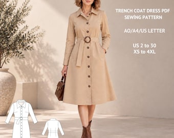 Trench Coat Dress Sewing Pattern PDF | Women's Belted Shirt Dress Pattern | Classic Button Front Coat Dress | A Line Dress XS-4XL