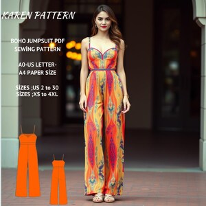 Puede incluir: Un patrón de costura PDF para un mono boho. El patrón incluye las tallas españolas 34 a 52 y XS a 4XL. El patrón está disponible en tamaños A0 y A4.