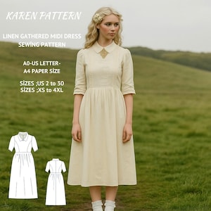 Gathered Linen Midi Dress Sewing Pattern:Vintage Style (A4/A0/US Sizes, Digital Download)