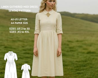 Gathered Linen Midi Dress Sewing Pattern:Vintage Style (A4/A0/US Sizes, Digital Download)