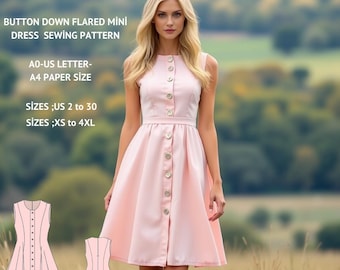 Button Down Flared Mini Dress Sewing Pattern(XS-4XL) (PDF Pattern)