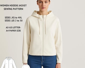 Minimalist White Hoodie Jacket: Women's Zip Up Sweatshirt Pattern (PDF Download)