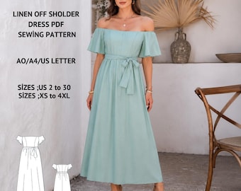 Linen Off Shoulder Maxi Dress Sewing Pattern, Boho Cottagecore Style (Digital Download)