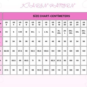 Op de afbeelding: Een roze en witte maattabel in centimeters, met afmetingen voor borst, taille en heupen. De tabel bevat Amerikaanse maten van 2 tot 30 en internationale maten van XS tot 4XL+.