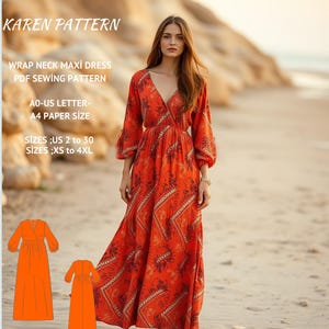 Wrap Neck Maxi Dress PDF Sewing Pattern,Long Sleeve Bohemian Dress sewing pattern,Vintage Dress,Ladies size US 2 to 30//XS to 4xl