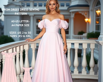 Off-Shoulder Prom Dress Sewing Pattern:XS-4XL (Digital Download)