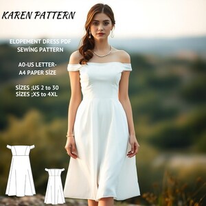 Elopement Dress Sewing Pattern,White Below Knees Dress Pattern,Wedding Dress Pattern, Minimalist Dress Pattern, Size: US 2 to 30