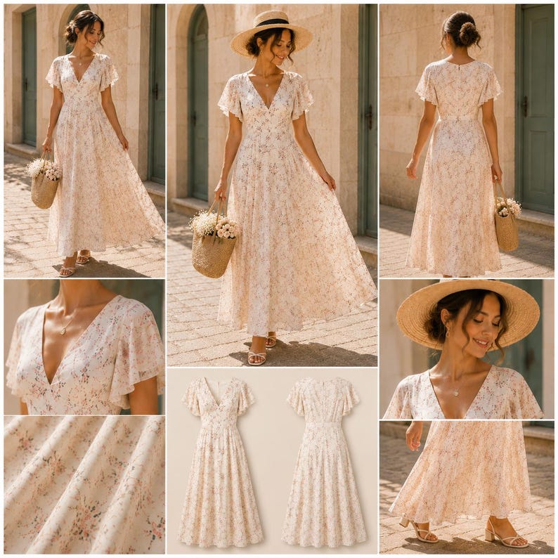 Cottagecore Floral Maxi Dress Sewing Pattern, Boho V Neck Flutter Sleeve(PDF Download) image 3