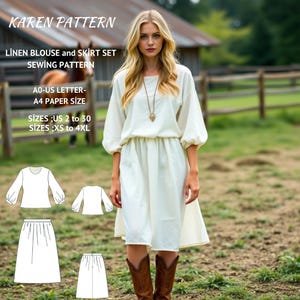May include: A sewing pattern for a linen blouse and skirt set. The pattern is available in sizes US 2 to 30 and XS to 4XL. The pattern is printed on A4 paper and is available in AO-US letter size.