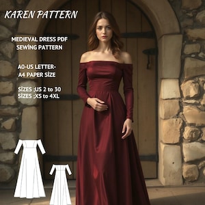 Patrón de costura para vestido medieval renacentista, hada, regencia, vestido largo, vestido con hombros descubiertos, vestido elegante, tamaño A0, A4, carta de EE. UU., talla 2 a 30 de EE. UU.