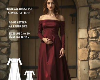 Renaissance Medieval Dress Sewing Pattern:Off Shoulder Maxi (A0 A4 US Letter) (PDF Pattern)