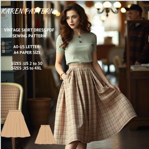 Vintage Skirt Sewing Pattern,Full Circle Skirt,Knee Length Skirt Pattern,Circle Skirt,Sewing Pattern,Ladies Size ;US 2 to 30, A0 -A4