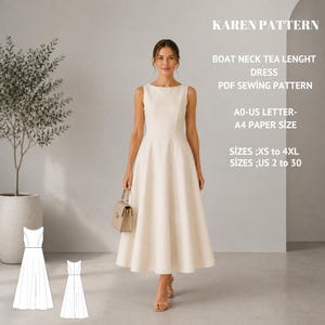 May include: A cream-colored sleeveless tea-length dress with a boat neckline and a flared skirt. Text reads: KAREN PATTERN, BOAT NECK TEA LENGHT DRESS, PDF SEWING PATTERN, A0-US LETTER-A4 PAPER SIZE, SIZES XS to 4XL, SIZES US 2 to 30. Includes line drawings.