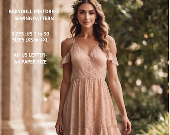 Babydoll Mini Dress Sewing Pattern:US 2-30, XS-4XL (Digital Download)