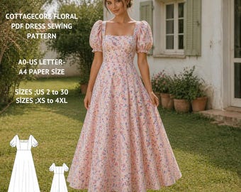 Cottagecore Floral Maxi Dress Sewing Pattern, Puff Sleeve, Square Neck (PDF Download)