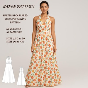 Op de afbeelding: Een halternek uitlopende jurk met een bloemenpatroon in oranje en geel op een witte achtergrond. De jurk heeft een getailleerde taille en een zwierige rok. De afbeelding bevat de tekst "KAREN PATTERN" en details over het PDF-naaipatroon, maten US 2 tot 30 en XS tot 4XL.