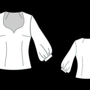 May include: A white long-sleeve blouse featuring a sweetheart neckline and voluminous puff sleeves with cuffs. The garment is displayed in two views, showing the front with a shaped bodice and the back with a simple, clean design and seams.