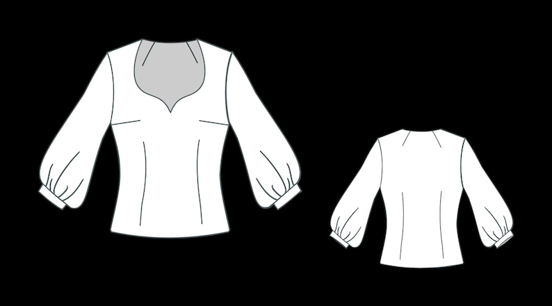 May include: A white long-sleeve blouse featuring a sweetheart neckline and voluminous puff sleeves with cuffs. The garment is displayed in two views, showing the front with a shaped bodice and the back with a simple, clean design and seams.