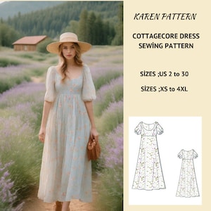 Könnte beinhalten: Ein Schnittmuster für ein Cottagecore-Kleid mit Blumenmuster und quadratischem Ausschnitt. Das Schnittmuster umfasst die Größen 34 bis 52 und XS bis 4XL.