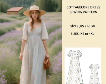 Fairy Cottagecore Dress Pattern,Renaissance,Regency,Maxi Dress, A0-A4-Letter Sizes; US 2 to 30 (Our collection includes plus size options )