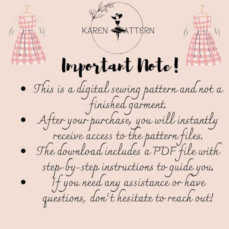 May include: A digital sewing pattern notice from KAREN PATTERN featuring two illustrations of a pink and white gingham dress on hangers. The text states this is a digital sewing pattern, not a finished garment, with instant PDF file access.