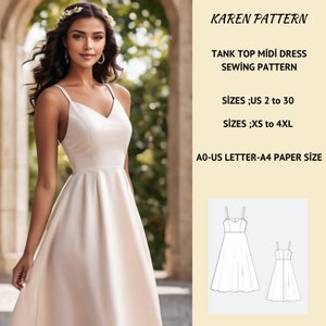 Padrão de costura de vestido midi regata, padrão de vestido de baile, padrão de vestido de dama de honra, vestido circular, padrão de costura de vestido cottagegecore, carta A4 AO US