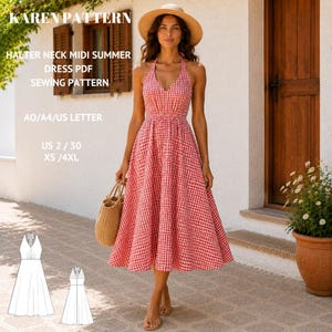 May include: A red and white gingham midi dress with a halter neckline and a full skirt. The text KAREN PATTERN HALTER NECK MIDI SUMMER DRESS PDF SEWING PATTERN AO/A4/US LETTER US 2 / 30 XS / 4XL is visible. Includes a straw bag and a wide-brimmed hat.