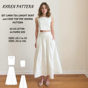 Linen Skirt & Crop Top Sewing Pattern:Women&#39;s Minimalist Outfit (XS-4XL) (PDF Pattern)
