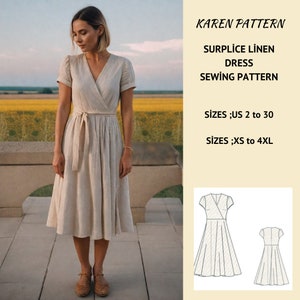 Linen Surplice Dress Sewing Pattern,Plus size sewing pattern-Ladies size US 2 to 30//XS to 4xl///Letter-A4-A0 form paper sizes