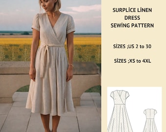 Linen Surplice Dress Sewing Pattern,Plus size sewing pattern-Ladies size US 2 to 30//XS to 4xl///Letter-A4-A0 form paper sizes