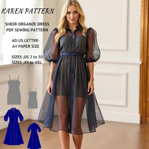 Może przedstawiać: Wzór szycia PDF na przezroczystą sukienkę z organzy. Wzór obejmuje rozmiary US 2-30 i XS-4XL. Sukienka jest pokazana w ciemnoniebieskim kolorze z zapięciem na guziki z przodu i paskiem. Wzór jest dostępny w rozmiarach A0/US Letter i A4.