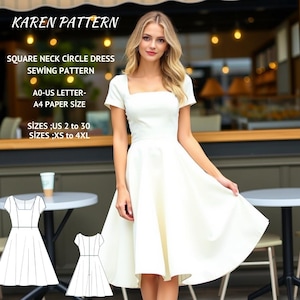 Patrón de costura para vestido de escote cuadrado y circular: XS-4XL (A4/Carta EE. UU.) (Patrón PDF)