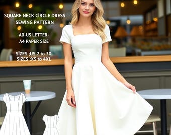 Square Neck Circle Dress Sewing Pattern:XS-4XL (A4/US Letter) (PDF Pattern)